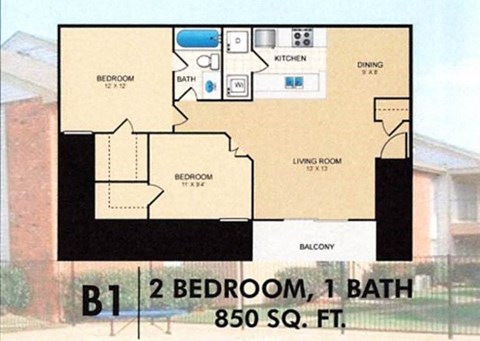 Trinity Park 2Bed 1Bath B1 Floorplan